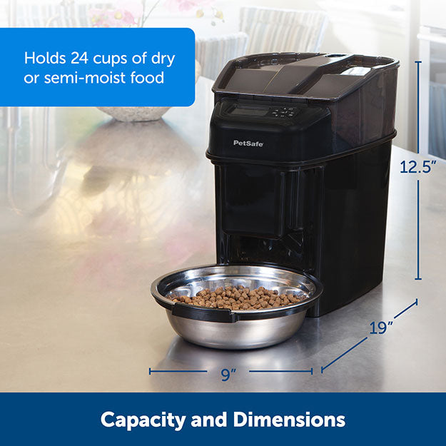 Automatic feeder capacity holds 24 cups of dry or semi-moist food and dimensions are 9" wide, 19" depth, 12.5" height.