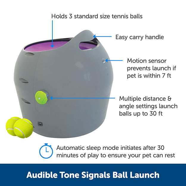 Automatic ball launcher with feature callouts including holds 3 standard size tennis balls, easy carry handle, motion sensor prevents launch if pet is within 7 ft, multiple distance and angle settings launch balls up to 30 ft, automatic sleep mode initiates after 30 minutes of play to ensure your pet can rest, audible tone signals ball launch