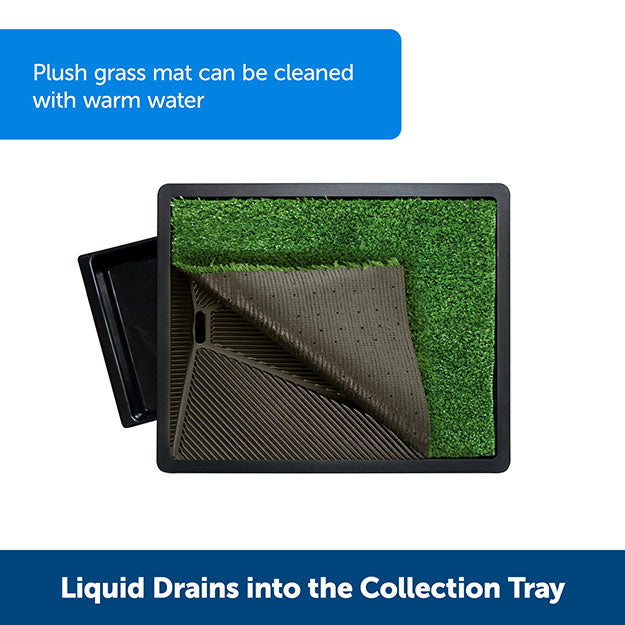 Plush grass mat that can be cleaned with warm water. Liquid drains into the collection tray.
