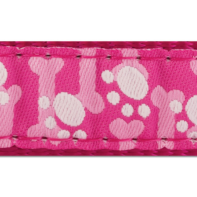Upclose detail of pink paws pattern nylon replacement collar for invisible fence