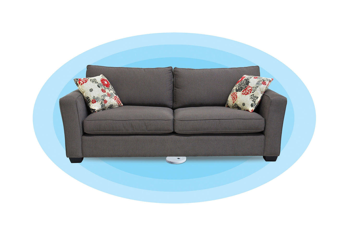 Avoidance shield placed under couch with graphic display of avoidance zone surrounding couch