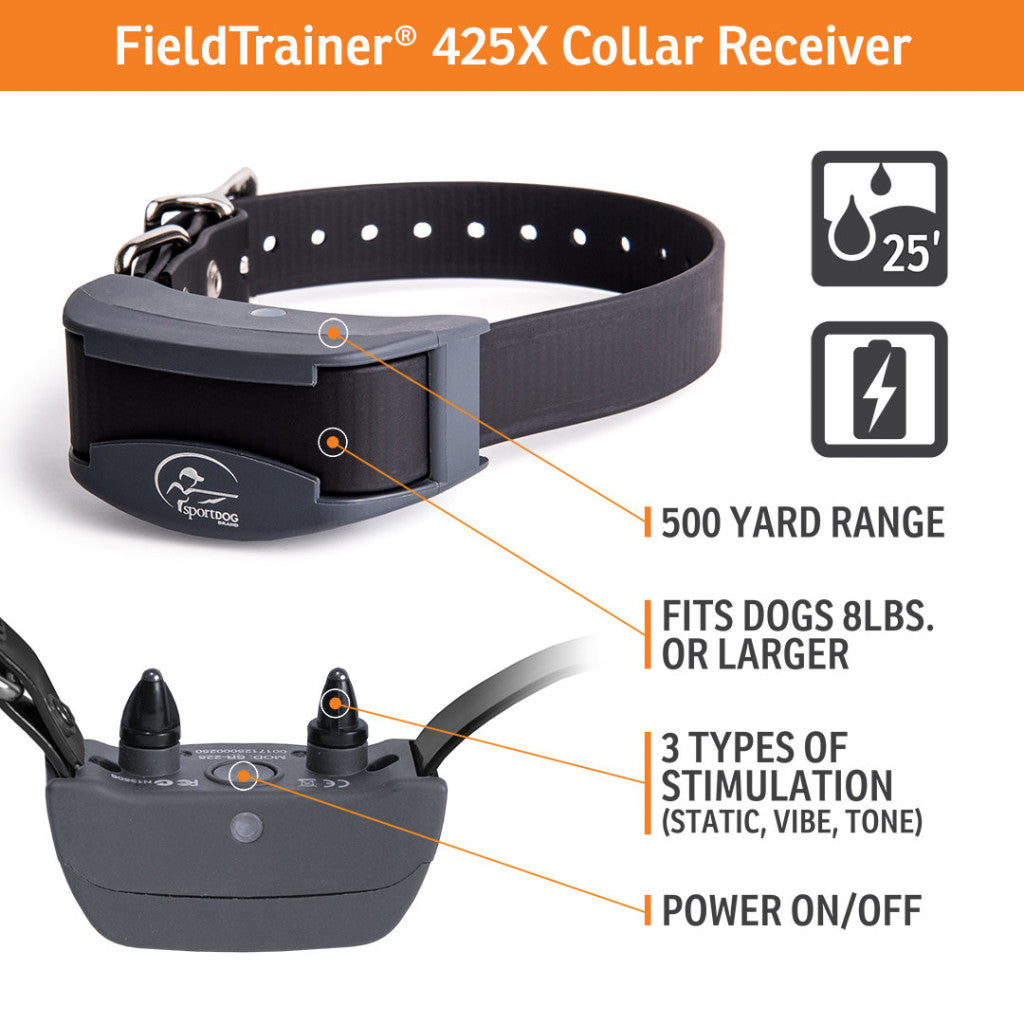 FieldTrainer 425x collar receiver indicating 500 yard range, fits dogs 8 pounds or larger, 3 types of stimulation (static, vibe tone) and power on/off